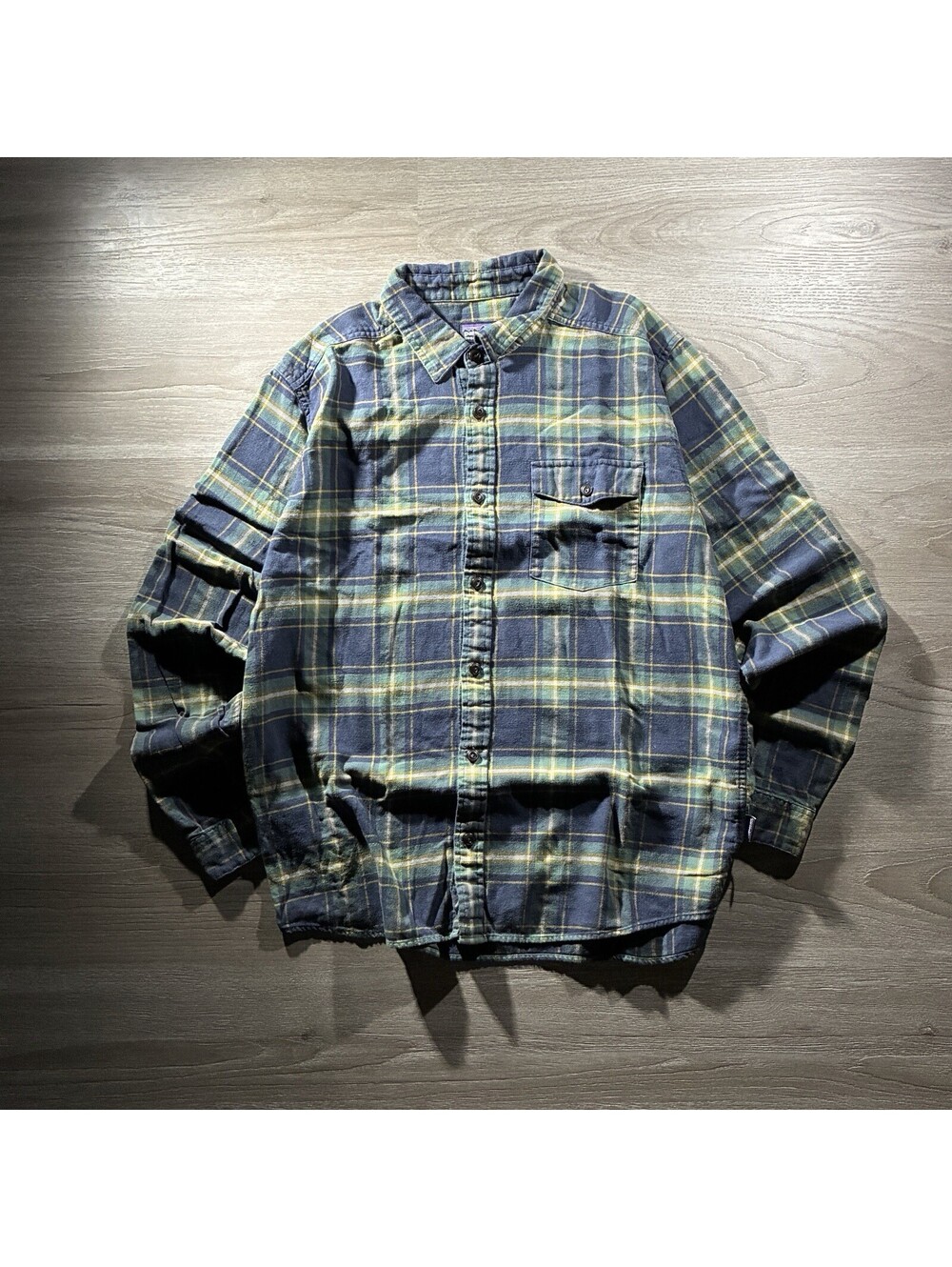 Patagonia Mens L Organic Cotton Fjord Flannel Shirt Blue Yellow Plaid STY54020